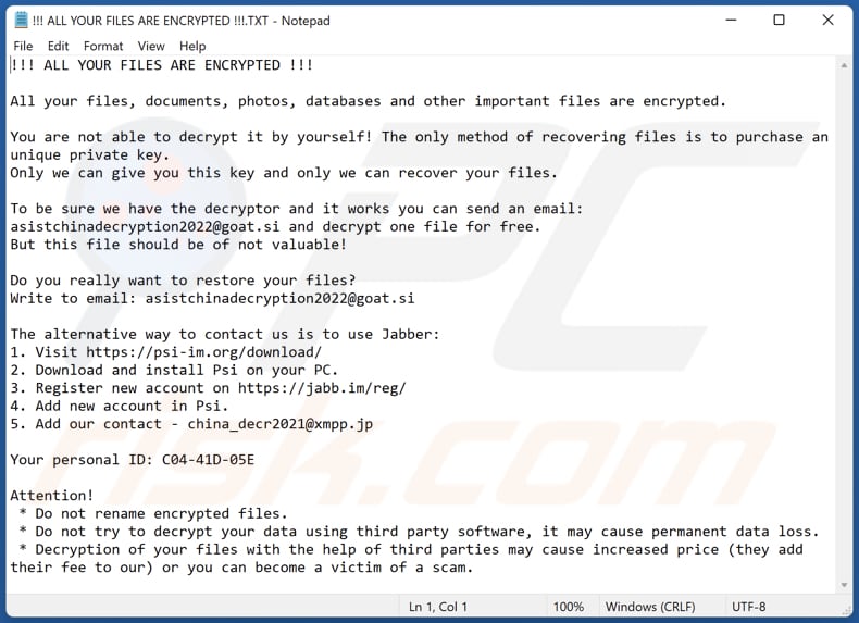 Ficheiro de texto do ransomware Asistchinadecryption (!!! ALL YOUR FILES ARE ENCRYPTED !!!.TXT)