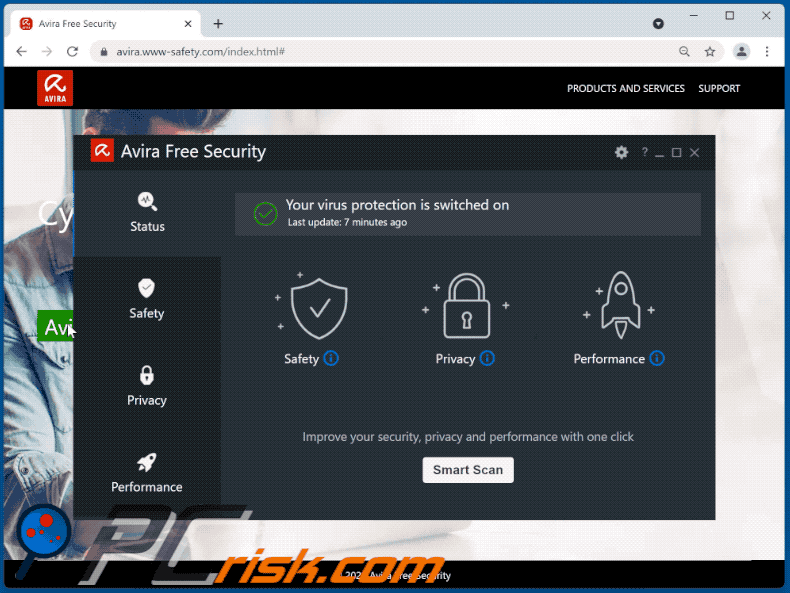 fraude da aparência de Avira Free Security - Your PC is infected with 5 viruses! pop-up scam