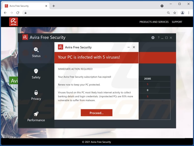 fraude Avira Free Security - Your PC is infected with 5 viruses! pop-up scam