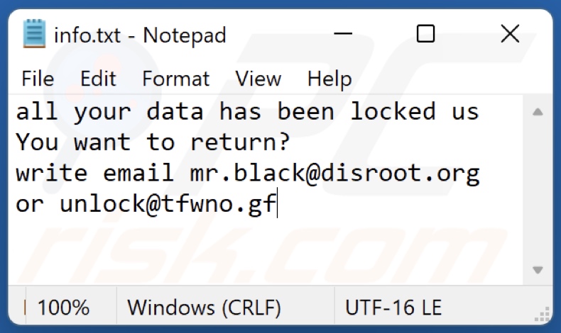 ficheiro de texto do ransomware Bl (info.txt)