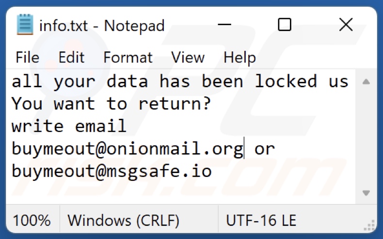 ficheiro de texto do ransomware Bmo (info.txt)
