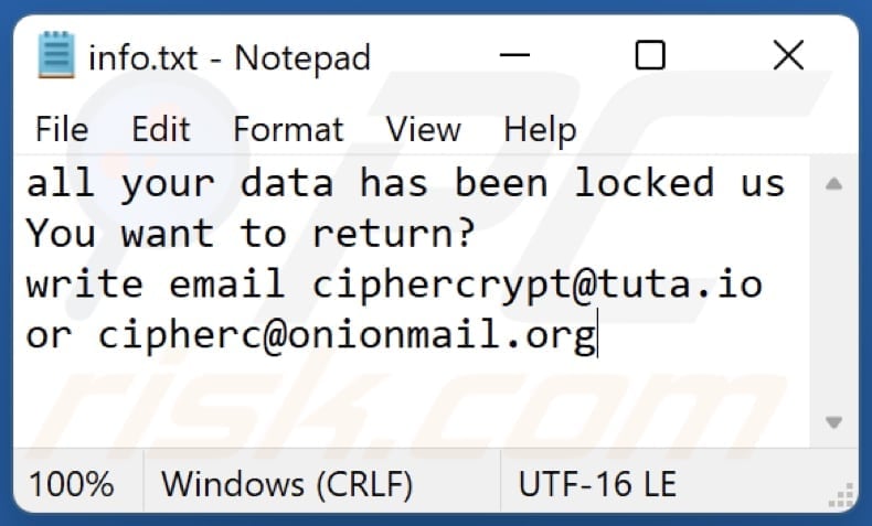 ficheiro de texto do ransomware Cip (info.txt)