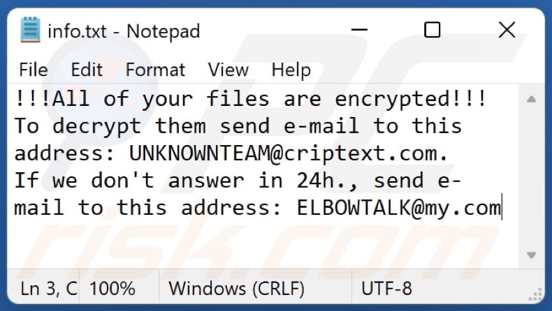 ficheiro info.txt da nota de resgate do ransomware elbow