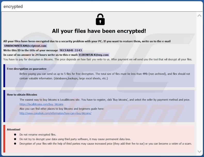 Janela pop-up do ransomware ELBOW