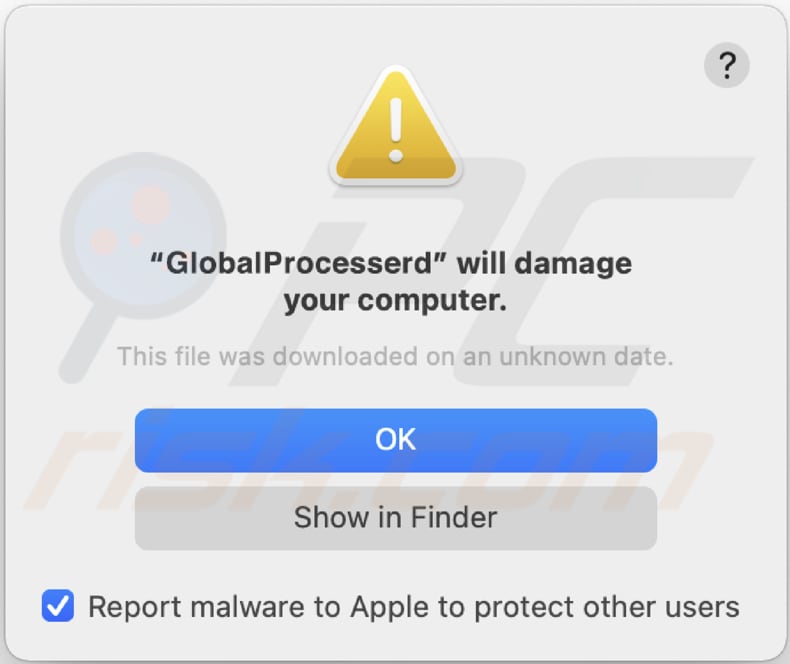 pop-up do adware de globalprocesser que aparece enquanto o adware está presente