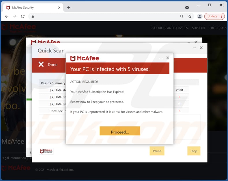 fraude do site fraudulento mcafee subscription has expired email