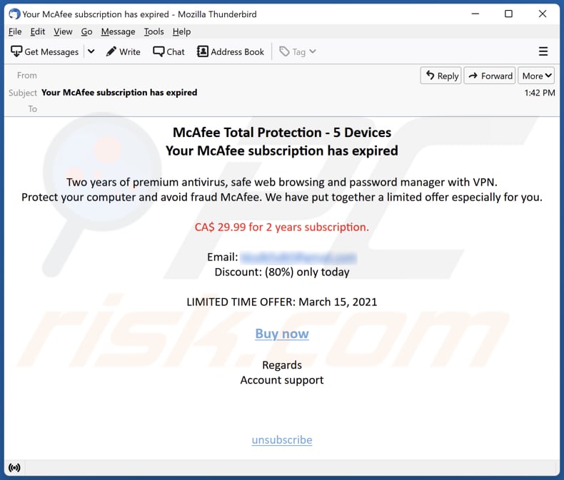 fraude McAfee subscription has expired email