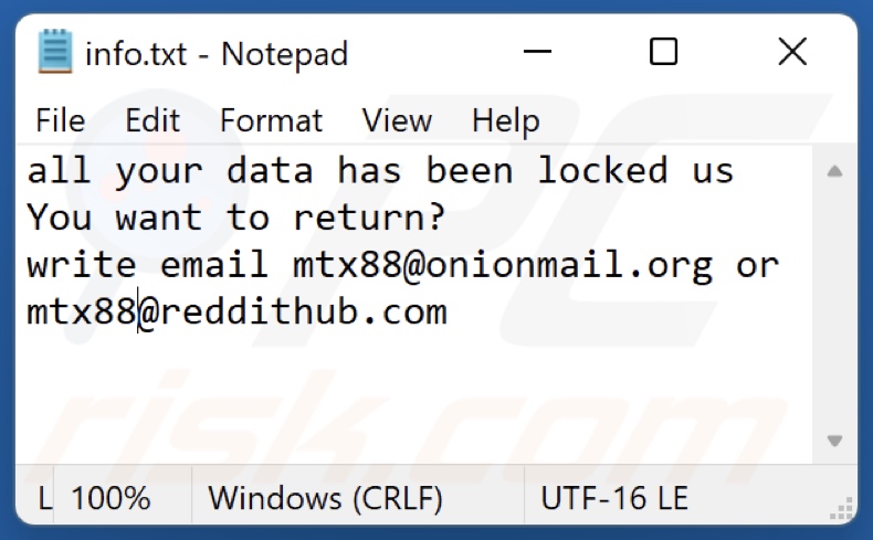 ficheiro de texto do ransomware MTX (info.txt)