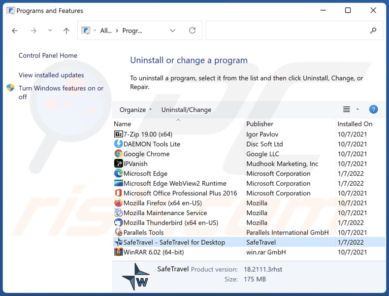 Desinstalação do adware SafeTravel através do Painel de Controlo