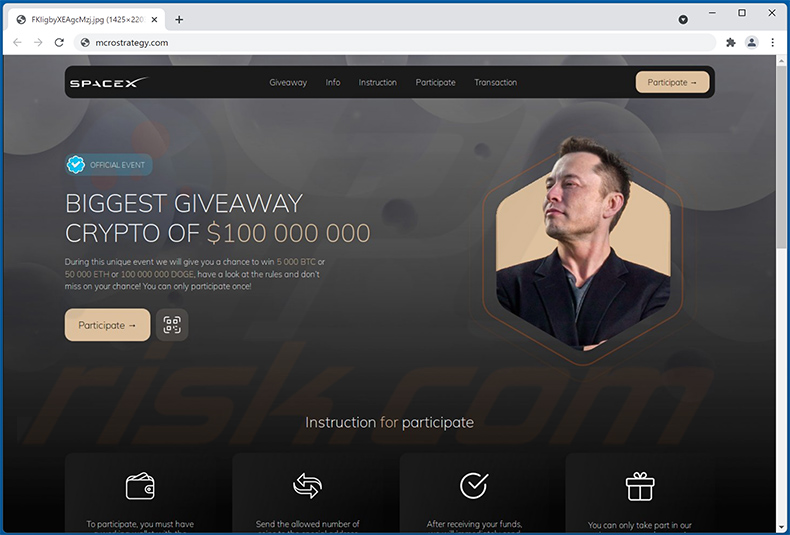 site da fraude SpaceX BTC e ETH Giveaway (2022-01-28 - mcrostrategy.com)
