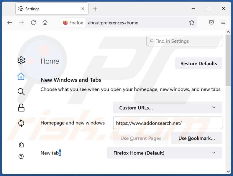 Remoção de addonsearch.net da página inicial do Mozilla Firefox