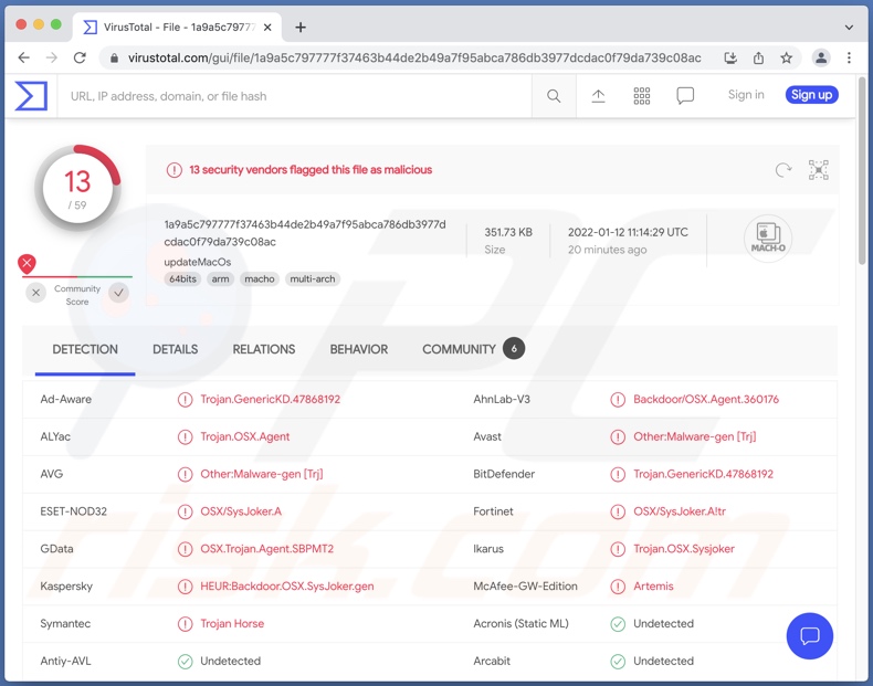 detecções do malware SysJoker em VirusTotal