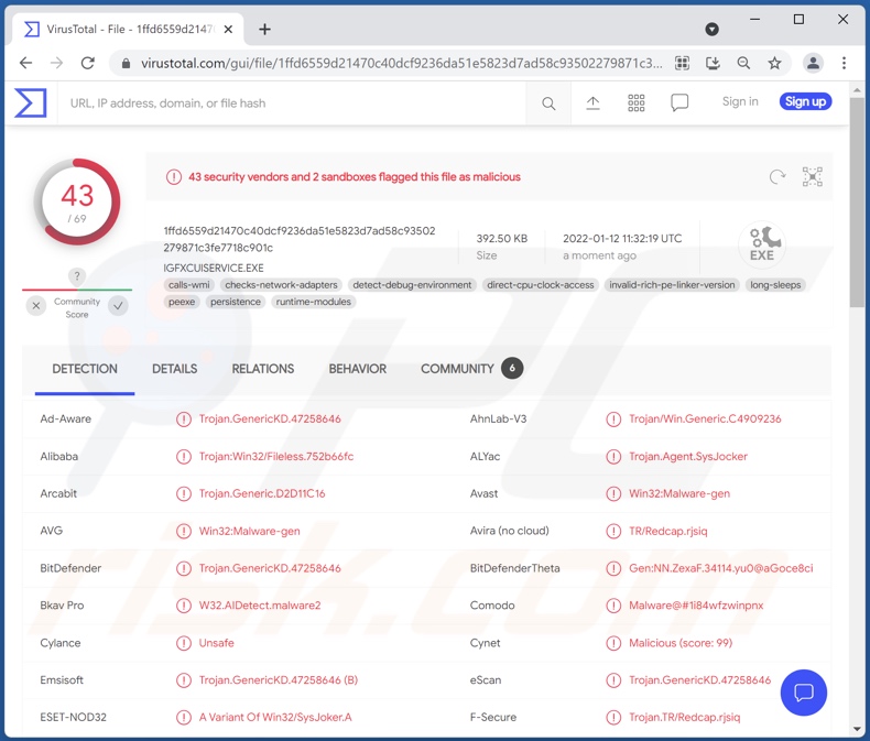 detecções do malware SysJoker em VirusTotal