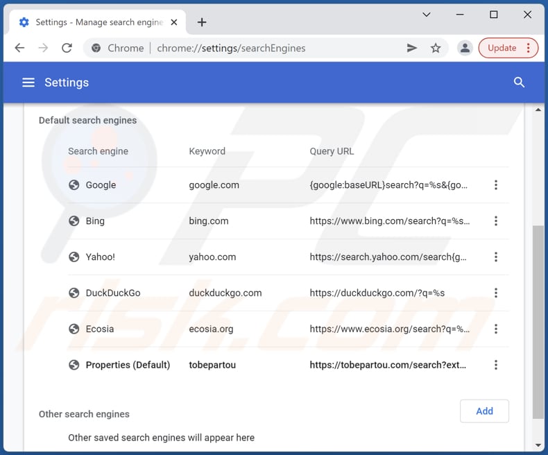 Remoção de tobepartou.com do motor de pesquisa padrão do Google Chrome