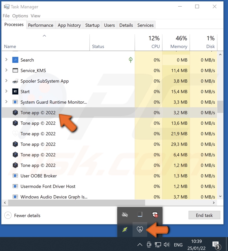 app do adware Tone e processo (Tone app (c) 2022 - nome do processo)