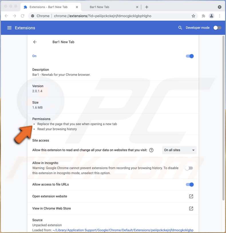 permissões do sequestrador de navegador Bar1 New Tab no Chrome