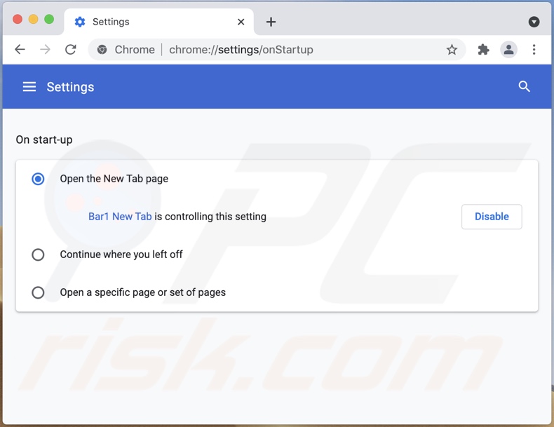 persistência do sequestrador de navegador Bar1 New Tab no Chrome