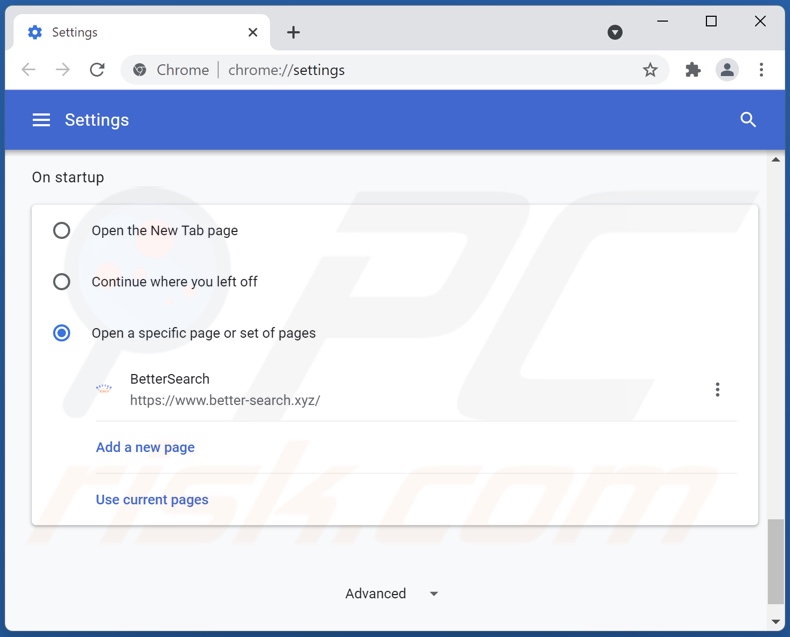 Remoção de better-search.xyz da página inicial do Google Chrome
