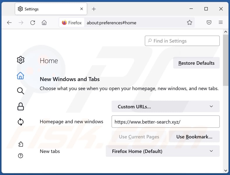 Removendo o ficheiro better-search.xyz da página inicial do Mozilla Firefox
