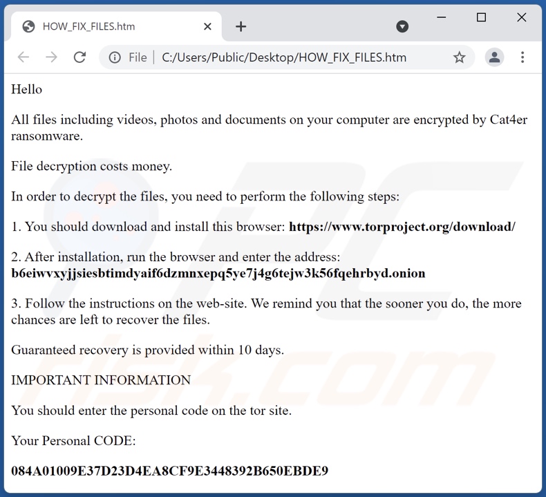 Mensagem de resgate do ransomware Cat4er (HOW_FIX_FILES.htm)
