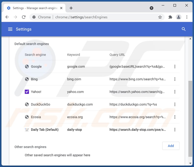 Removendo search.daily-stop.com do motor de pesquisa padrão do Google Chrome