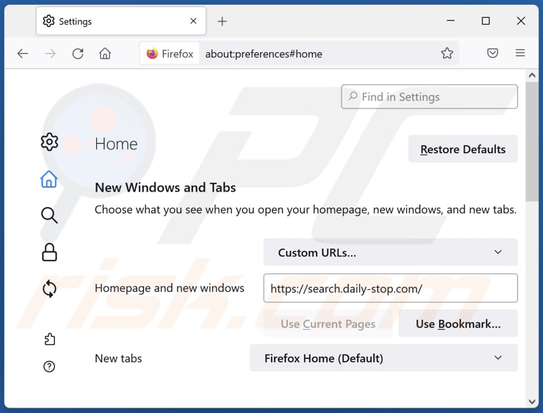 Remoção de search.daily-stop.com da página inicial do Mozilla Firefox