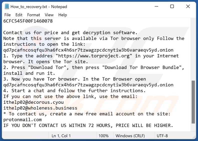ficheiro de texto do ransomware Farattack (How_to_recovery.txt)