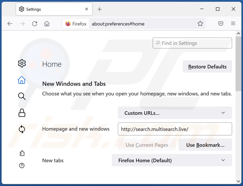 Removendo search.multisearch.live da página inicial do Mozilla Firefox