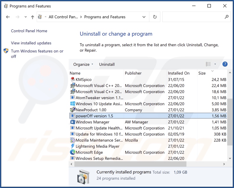 desinstalar o adware através do Painel de Controlo Power Off