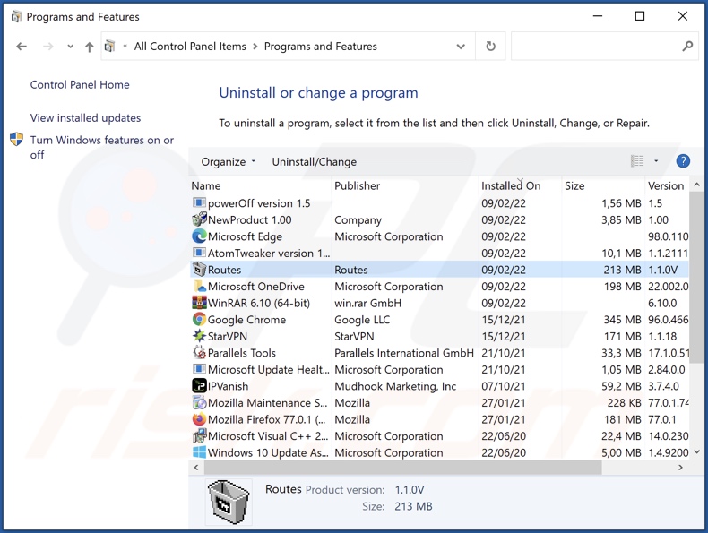 Desinstalação do adware routes através do Painel de Controlo