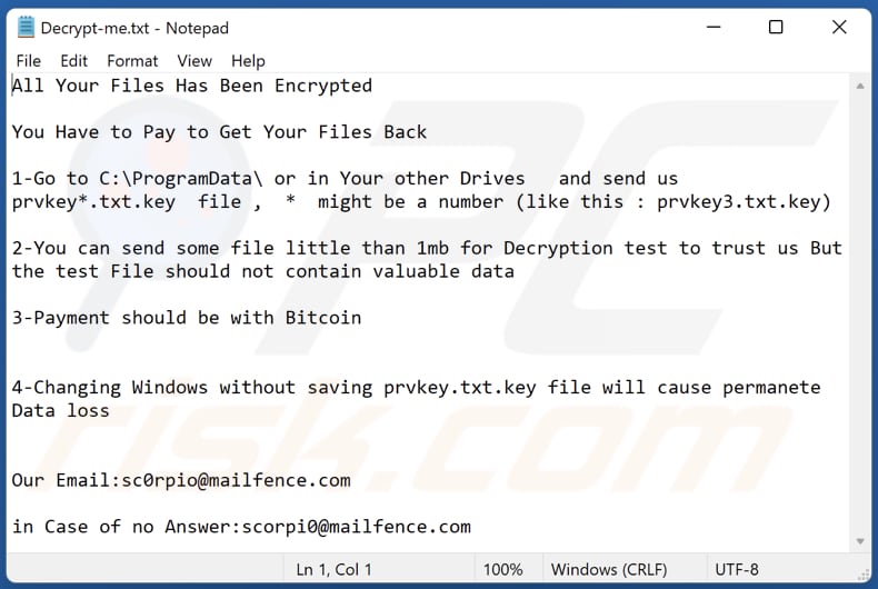 Ficheiro de texto do ransomware Scorp (Decrypt-me.txt)