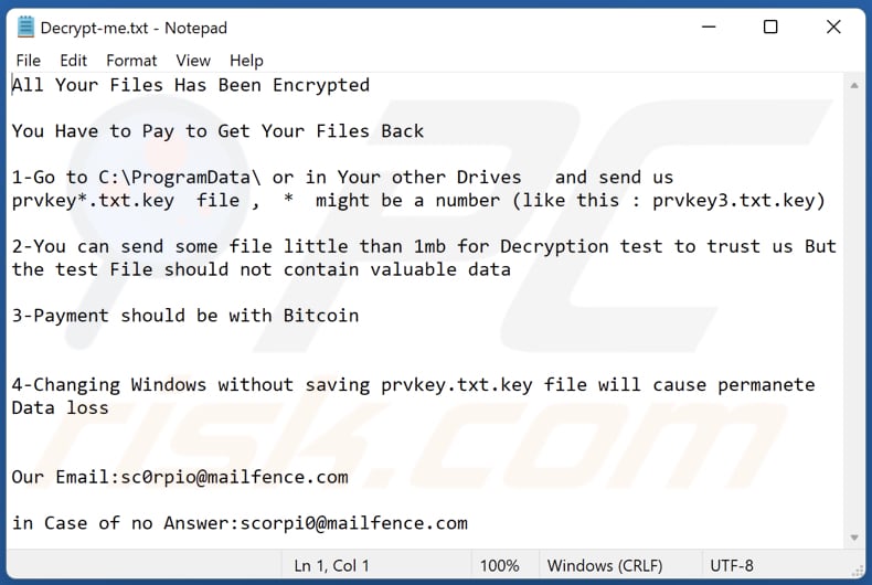 Ficheiro de texto do ransomware Scorp (Decrypt-me.txt)