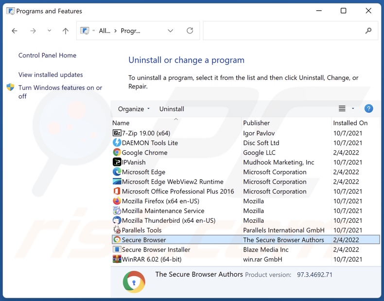 Desinstalação do adware Secure Browser através do Painel de Controlo