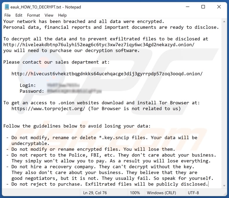 Ficheiro de texto do ransomware sncip (eauk_HOW_TO_DECRYPT.txt)