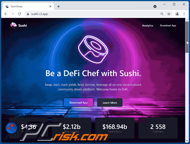 Aparência do website da fraude SushiSwap
