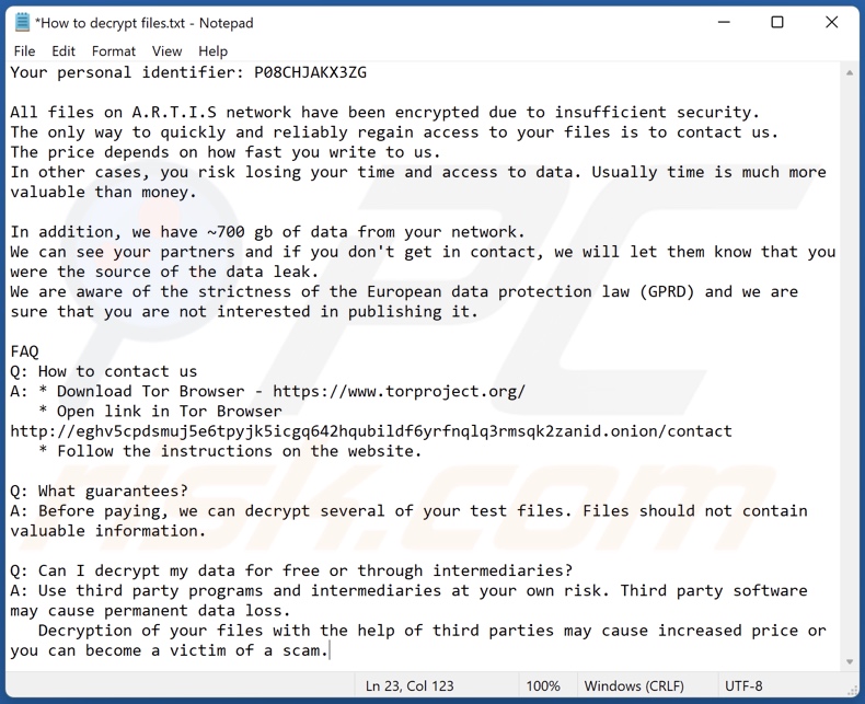 mensagem de resgate a exigir o ransomware TargetCompany (artiis) (How to decrypt files.txt)