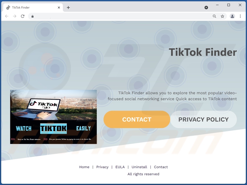 Website de promoção do adware TikTok Finder