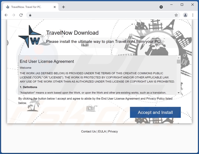 Website de promoção do adware TravelNow 