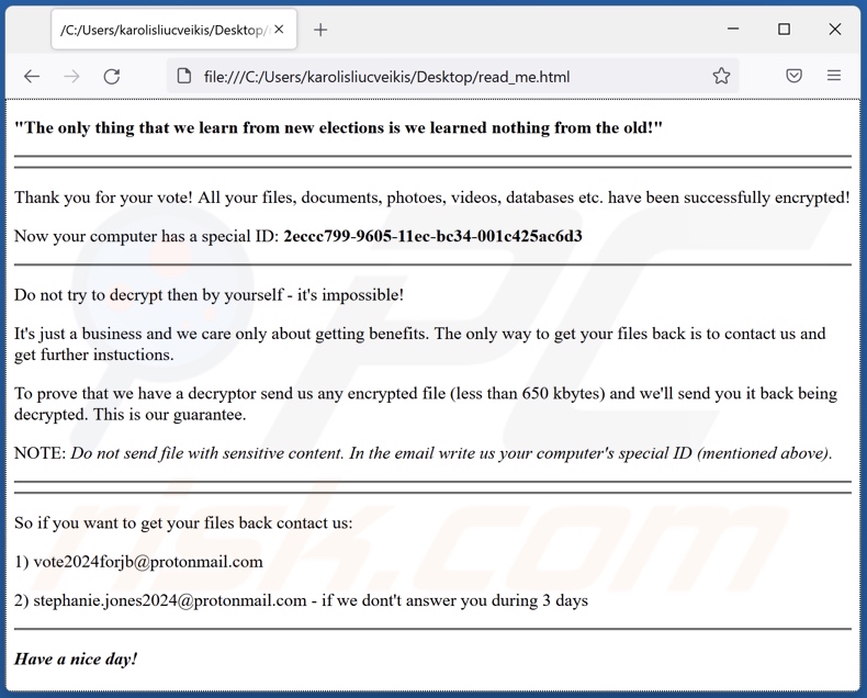 mensagem de pedido de resgate do ransomware Vote2024 (read_me.html)