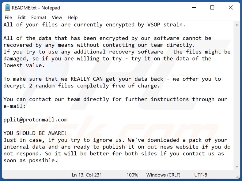 Mensagem de pedido de resgate do ransomware VSOP (README.txt)