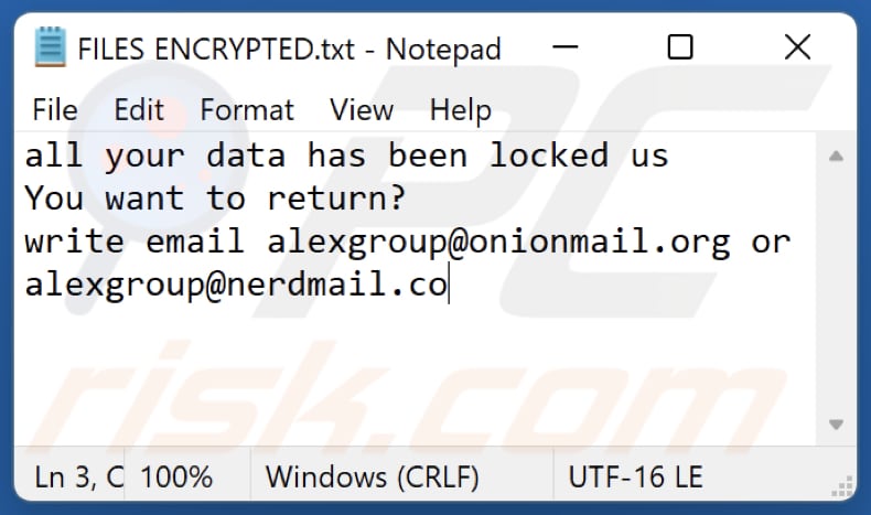 ficheiro de texto do ransomware Xgpr (FILES ENCRYPTED.txt)