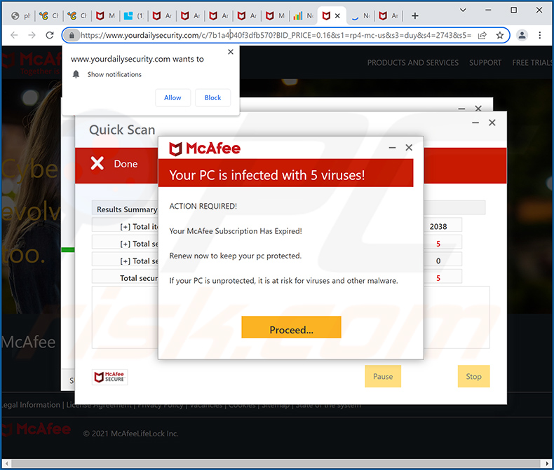 pop-up da fraude yourdailysecurity.com promoting McAfee - Your PC is infected with 5 viruses!