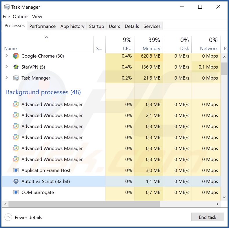 processo do malware 89N3PDyZzakoH7W6n8ZrjGDDktjh8iWFG6eKRvi3kvpQ no Gestor de Tarefas (AutoIt v3 Script (32 bit))