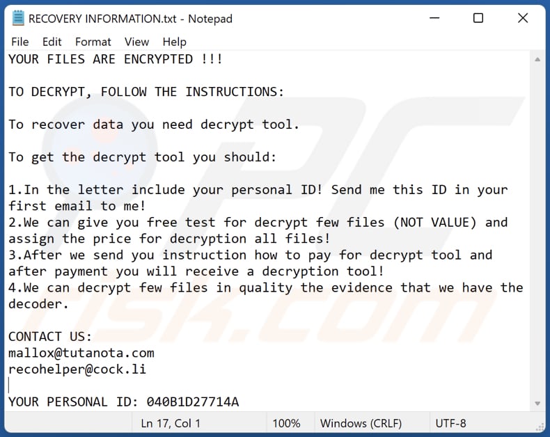 Ficheiro de texto do ransomware avast  (RECOVERY INFORMATION.txt)