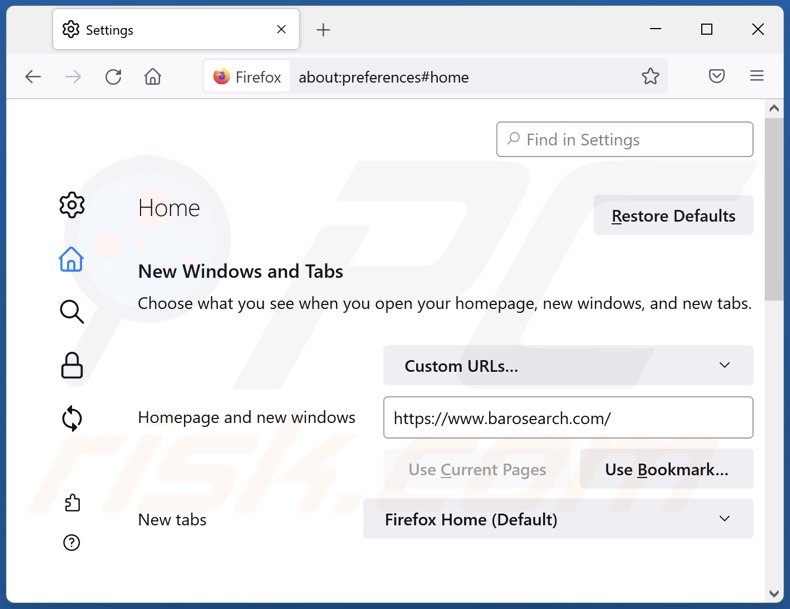 Remoção do barosearch.com da página inicial do Mozilla Firefox