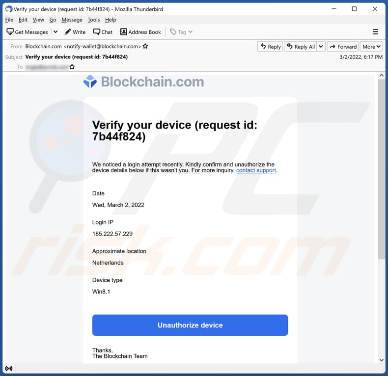 email da fraude Blockchain.com