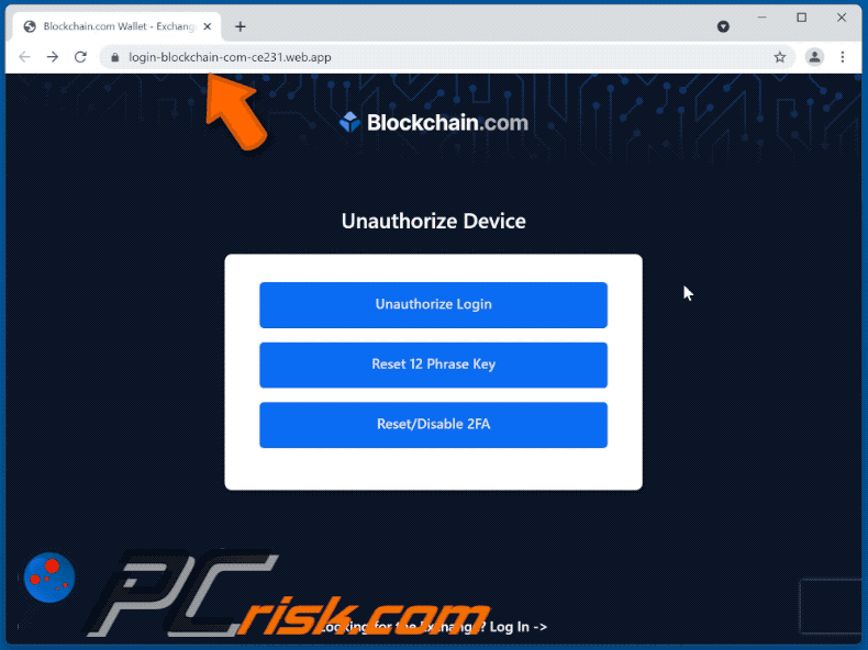 aparência do website da fraude de phishing do blockchain.com
