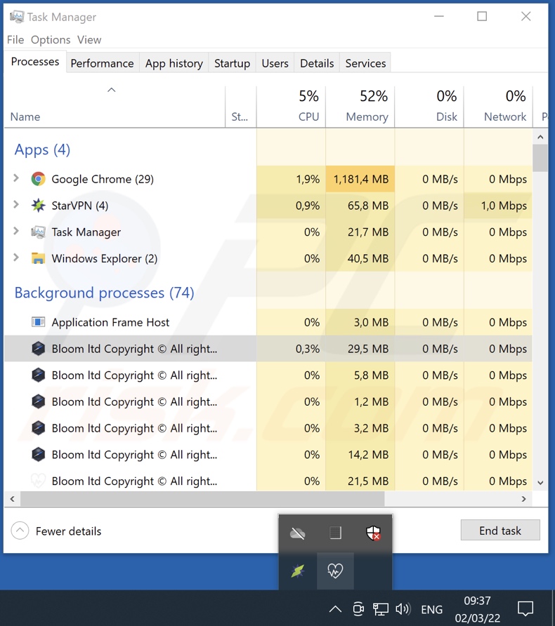 Processo do adware Bloom no Gestor de Tarefas (Bloom ltd Copyright © Todos os direitos reservados - nome do processo)