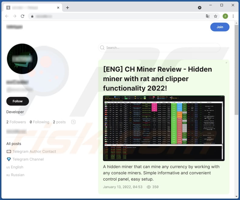 página oficial do malware CH Miner