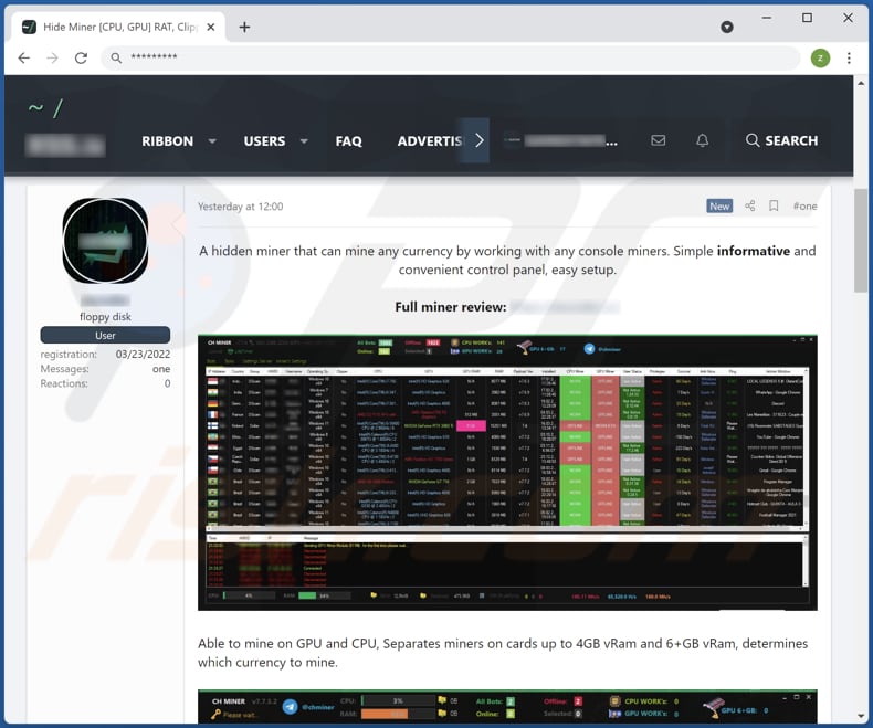 malware CH Miner promovido num fórum pirata